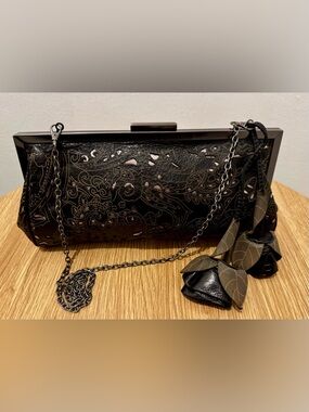 Black Embossed Evening Clutch with Chain and Bow Accent